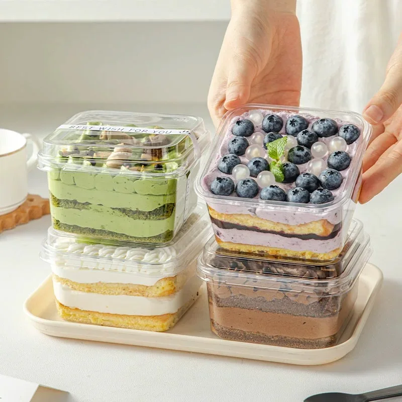 Tiramisu-Box Spezial Einweg Transparente Verpackungsbox Kuchenform Verpackungsaufkleber Quadratische Sojamilch-Dessertbox 10 Stück 400ml – Detail 4