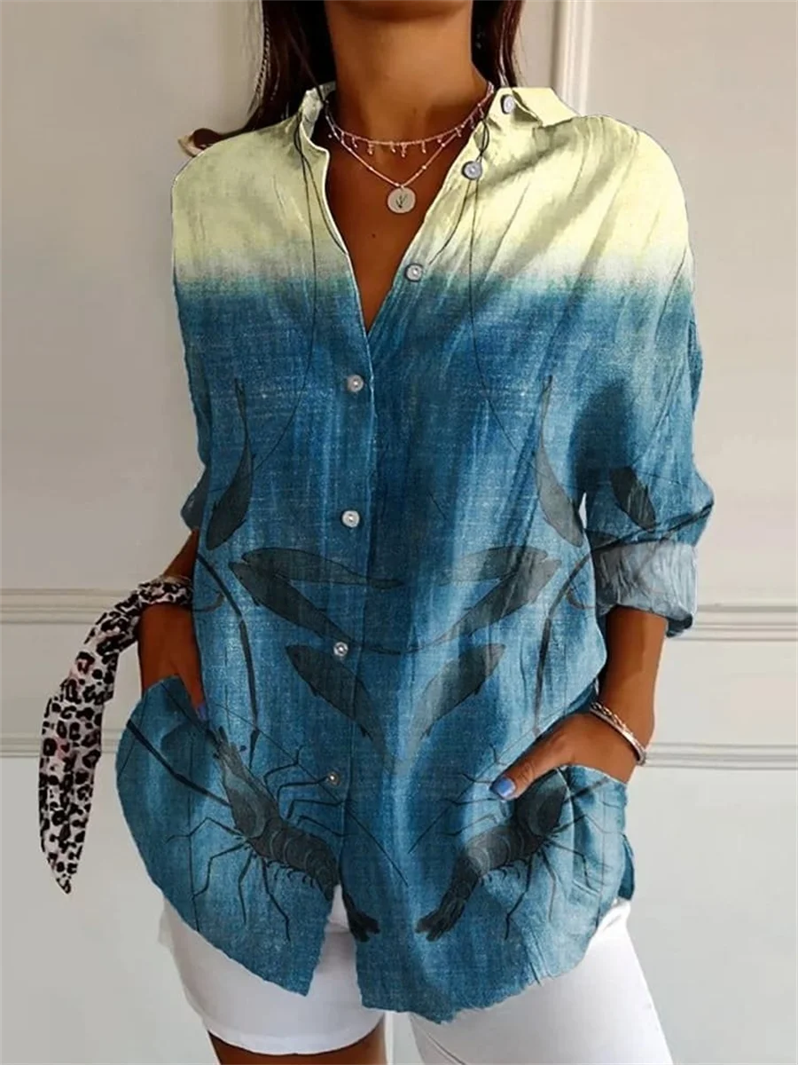 

Elegant women's shirt 2025 spring and autumn temperament tops three-quarter sleeves shrimp print office daily tops