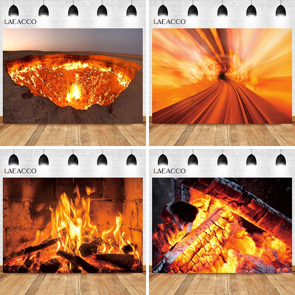 Burning Wood Flame Backdrop Volcano Rolling Heat Winter Warm Background Photo Studio Props Photography Decoration Banner