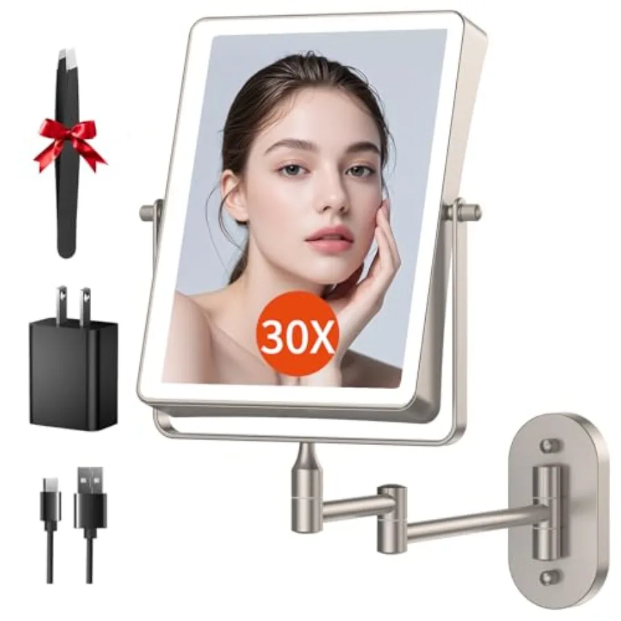 

5000mAh Rechargeable Wall Mounted Makeup Mirror with Lights, 8.7" Double Sided 1X/30X Magnifying Mirror with Dimmable 3 Color L