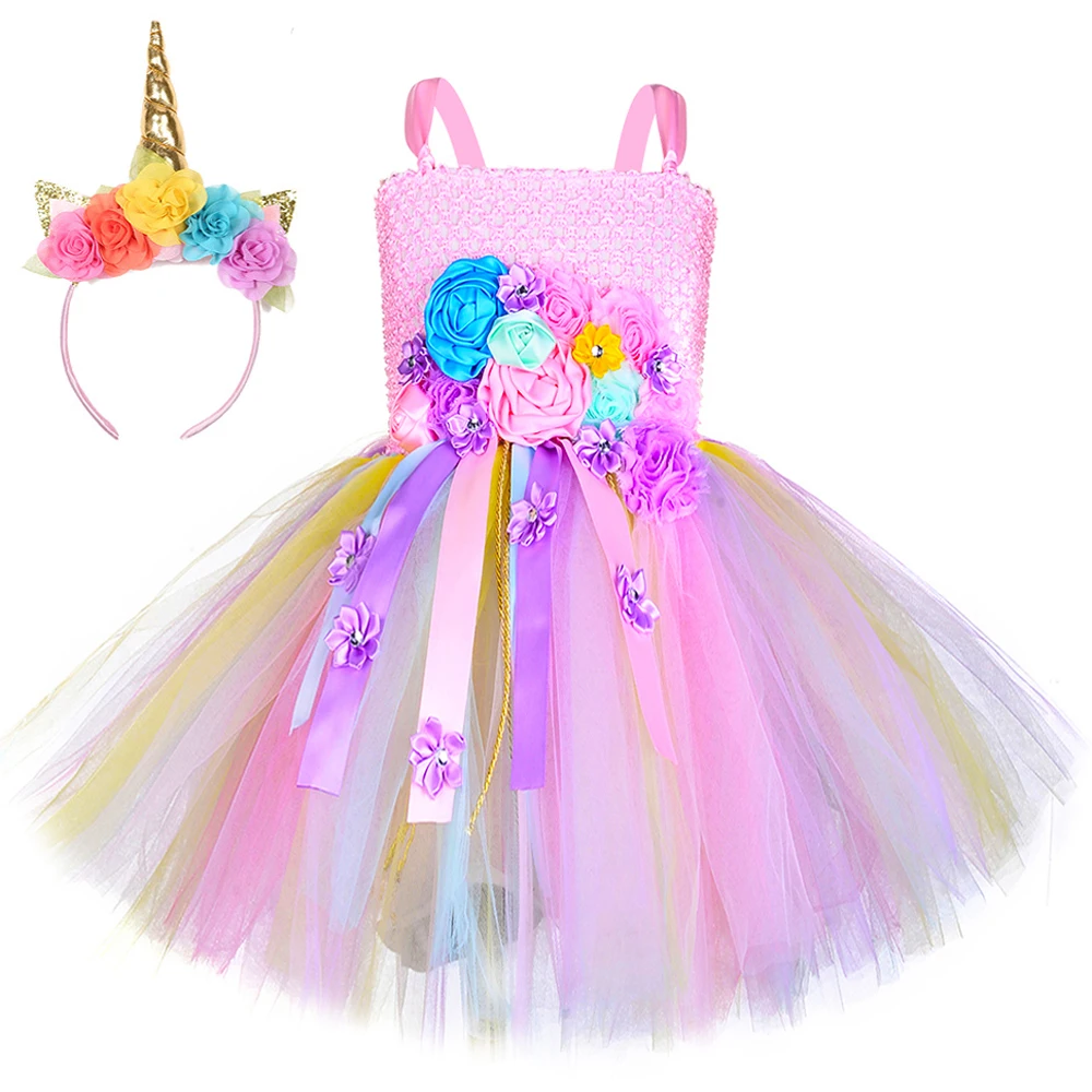 Pastel Flowers Unicorn Costumes for Girls Birthday Party Ballet Tutus Outfit Kids Christmas Princess Dresses with Wings Hairbow