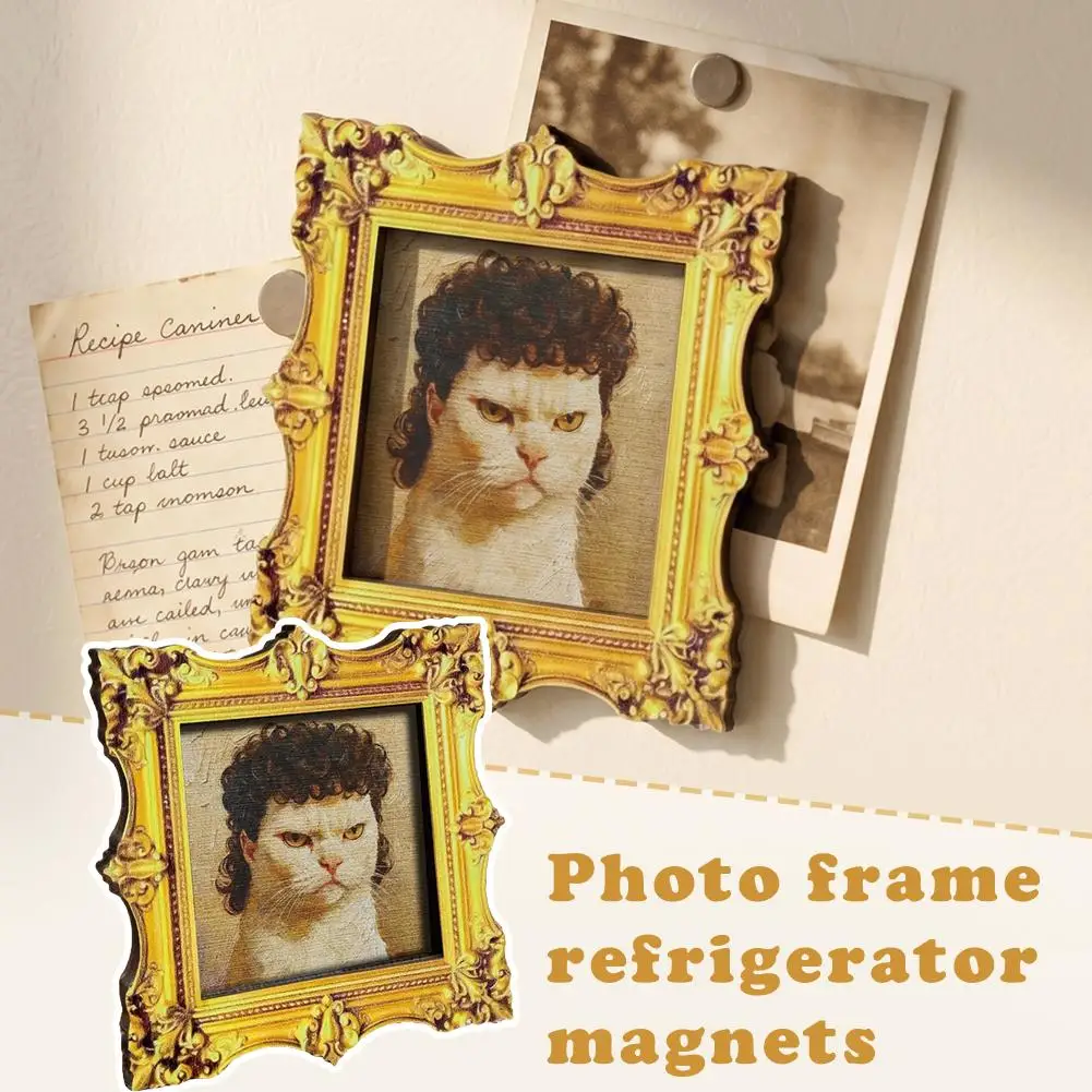 Vintage Baroque Frame Funny Curly Hair Cat Oil Painting Fridge Magnet, 8.5cm Animal Portrait Magnetic Sticker Note Photo Holder