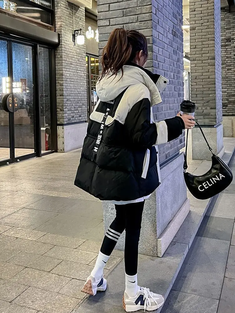 Black Medium Long Parker Cotton Jacket Women's Winter 2026 New Korean Version Loose Down Cotton Splicing Hooded Coat Warm Top