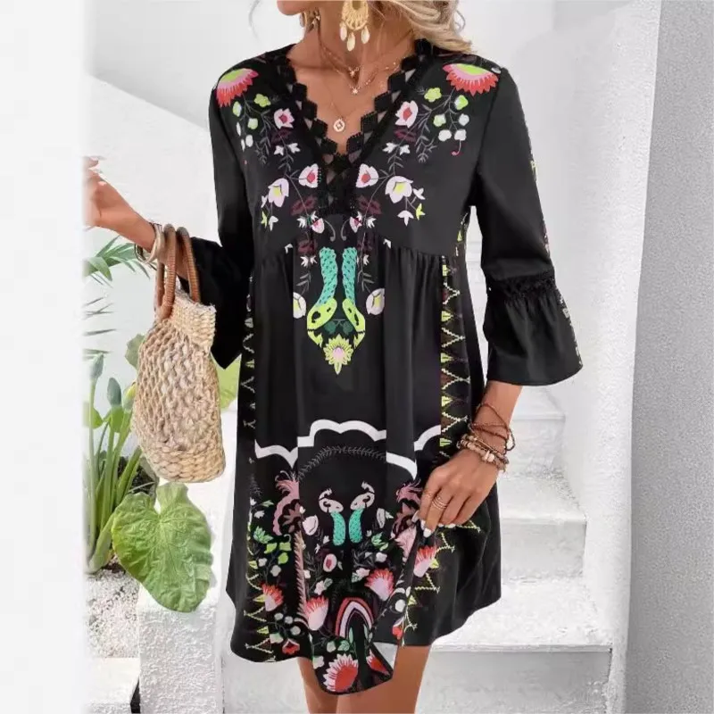 Nuovo sexy profondo scollo a V scava fuori abito longuette donna estate manica svasata allentata a-line abiti da spiaggia retro party boho dress abiti