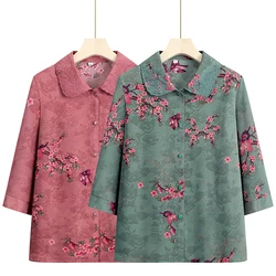 Middle Aged Elderly Women Summer Clothes Spring Autumn Fashion Printed Cardigan Shirts Grandma Blouse Mothes Blaus Tops 2PCS 5XL