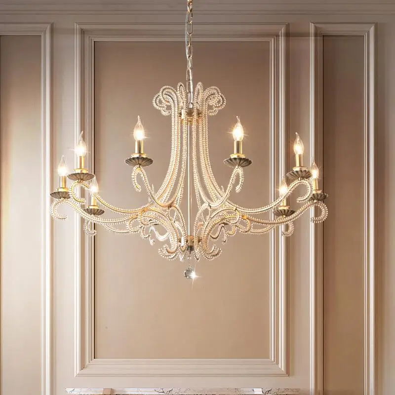 French American Retro Brushed Silver Crystal LED E14 Chandelier Living Room Bar Home Decor Pendant Lightings Droplight