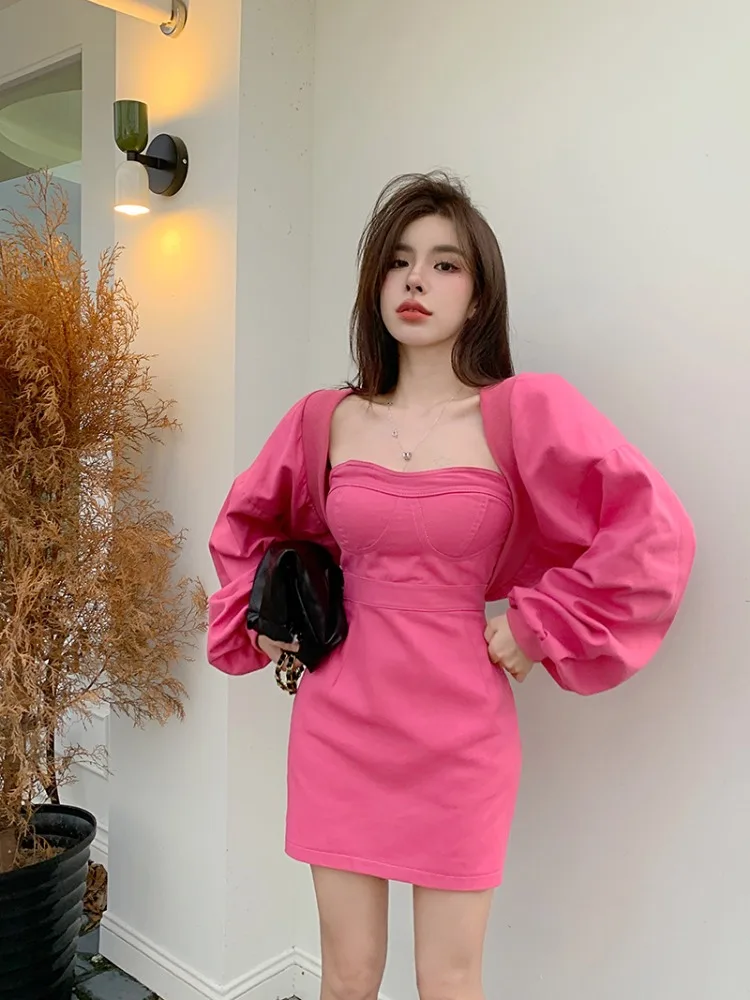 Sweet Hot Pink Denim 2 Piece Sets Women 2024 New Pure Desire Long Sleeved Jacket+short Strapless Dress Suits Fashion Cinjunto