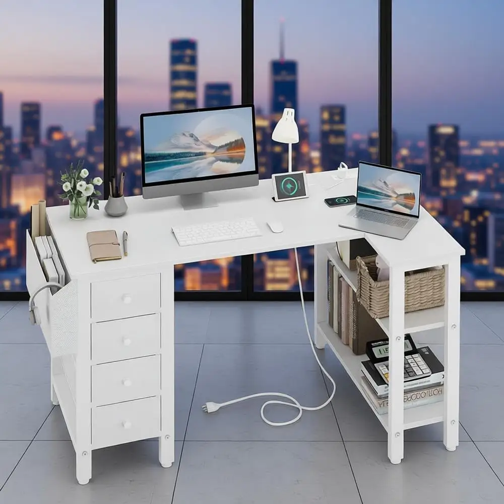 L-Shaped Computer Desk with Drawers and Storage Shelves, 47 Inch Corner Desk with Power Outlet for Home Office and Bedroom, Fabr