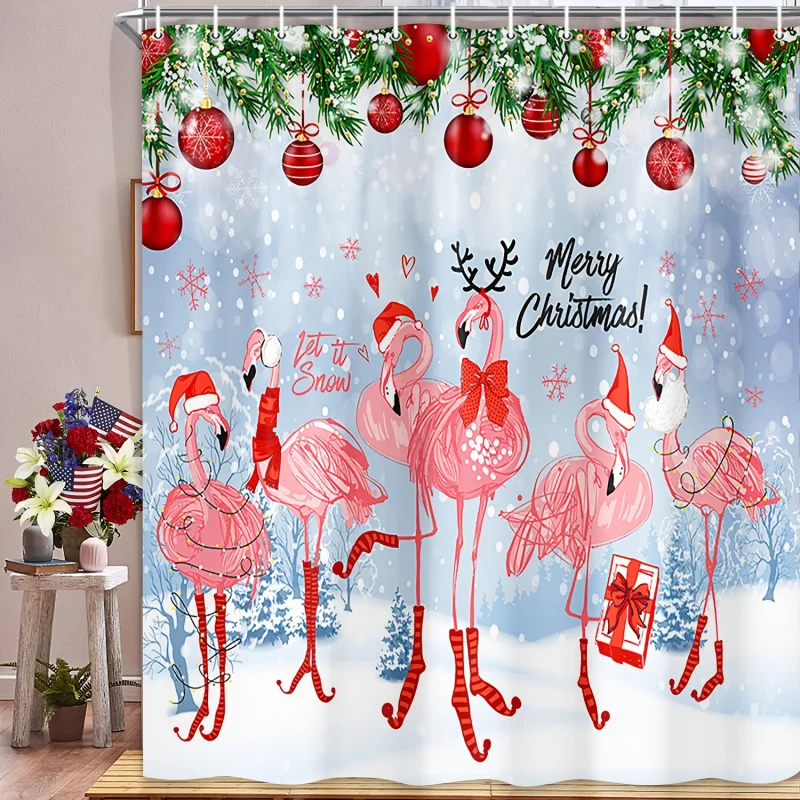 Pink Flamingo Holiday Bathroom Drapery with Red Santa Hats, Snowflakes, Pine Decor, Xmas Presents & Merry Christmas Motif, Stain