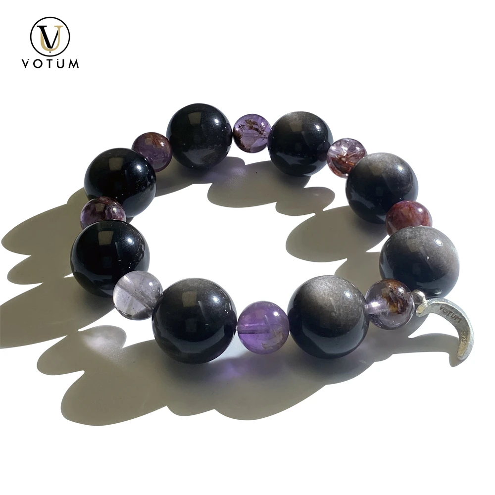 

Votum Silvery Obsidian Purple Phantom Quartz Silver 926 Moon Charm Beads Bracelet for Women Protection Stone Energy Jewelry Gift