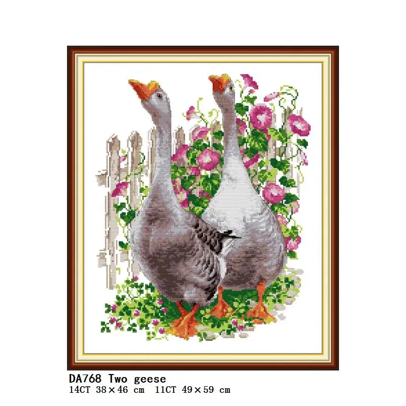 

Lovers' Goose And Flowers Picture Cross Stitch Kits 14CT 11CT White Fabric Printed Embroidery Set DIY Hand Sewing Needlework