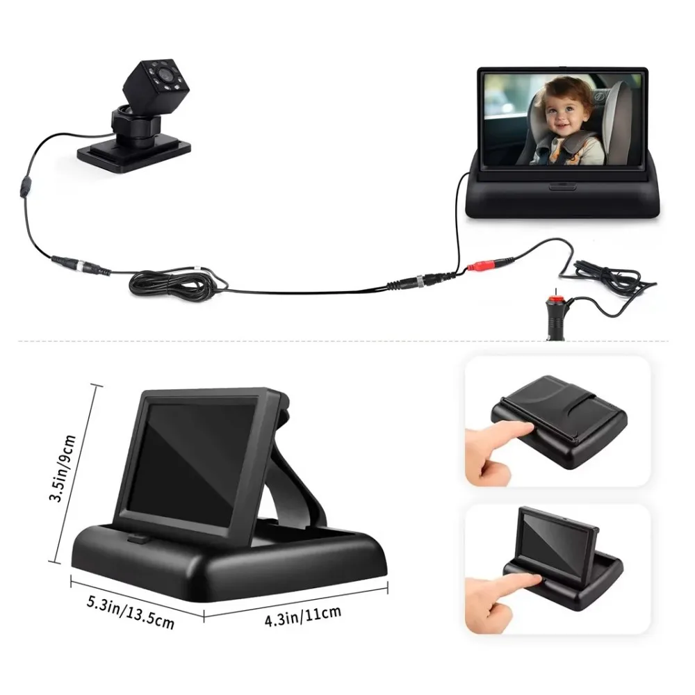 كاميرا سيارة للأطفال 4.3 بوصة HD قابلة للطي شاشة الرؤية الخلفية للسيارة عكس شاشة LCD TFT مع كاميرا الرؤية الخلفية الاحتياطية للرؤية الليلية #1