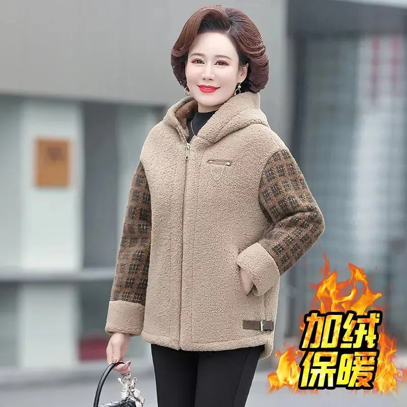 

2022 Women Winter Lamb Coat Middle-aged Hooded Jacket Loose Cotton Coat Thicken Overcoat Female Fashion Lambswool Outerwear