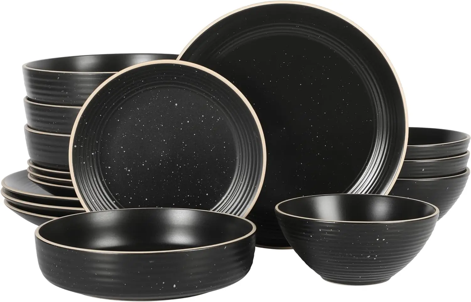 

Gibson Home Dinah 16 Piece Double Bowl Stoneware Embossed Speckled Dinnerware Set - Matte Black