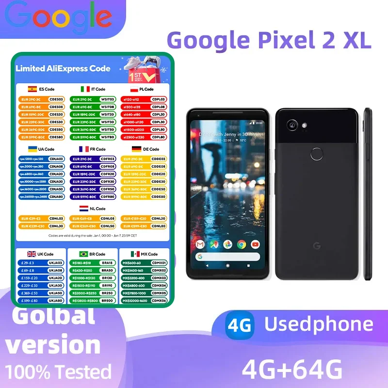 Google Pixel 2 XL 4G bands 4GB RAM 64GB/128GB ROM 3520mAh 12MP NFC Fingerprint Smartphone Cell Phone Original Unlocked 99% New