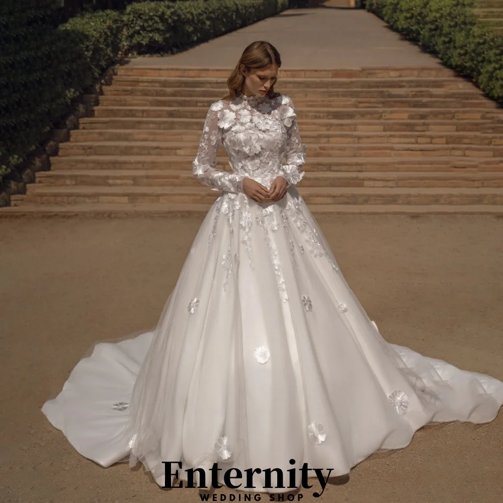 

Customized Flower Applique Wedding Dresses Elegant High Neck Long Sleeve For Women Charming Tulle Bridal Gowns Vestidos De Novia