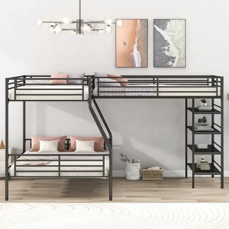 Shaped Twin and Twin Over Full Metal Triple Bunk Bed