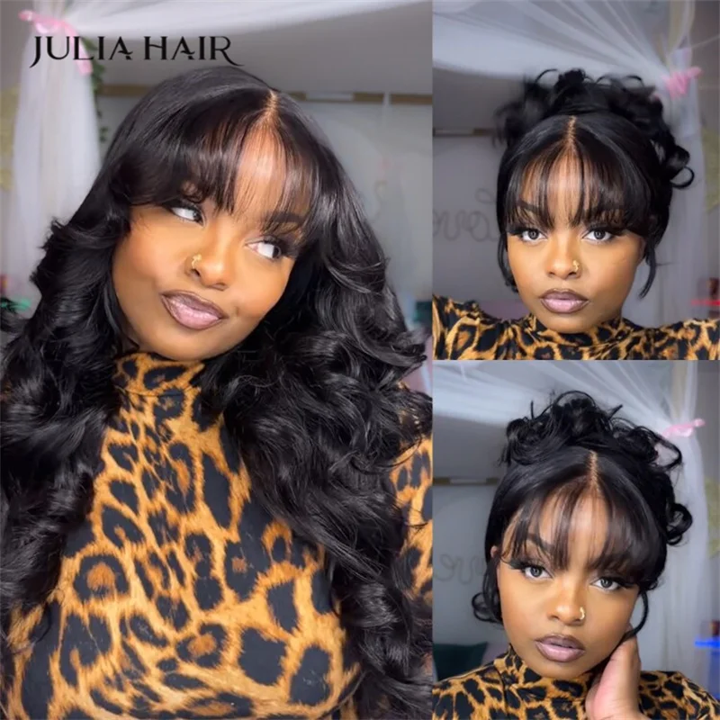 Julia Hair Fluffy Natural Loose Wave Curtain Bangs Glueless Parrucca 7x5 Bye Bye Nodi Glueless Parrucca di capelli umani Frangia Pronta da indossare