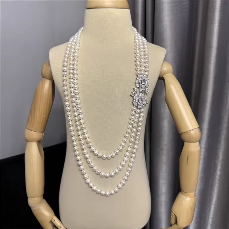 Natural Pearl 28''-32'' 3 Strands Natural White Pearl CZ Connector Necklace For Women