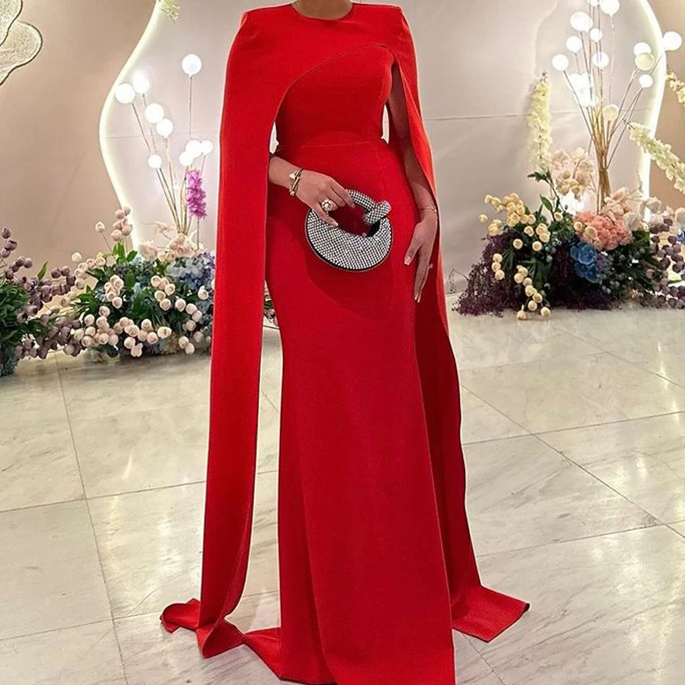 

Red Satin Mermaid Evening Prom Dresses with Cape Arabian Dubai Formal Dress Floor Length Wedding Party Gowns 2024