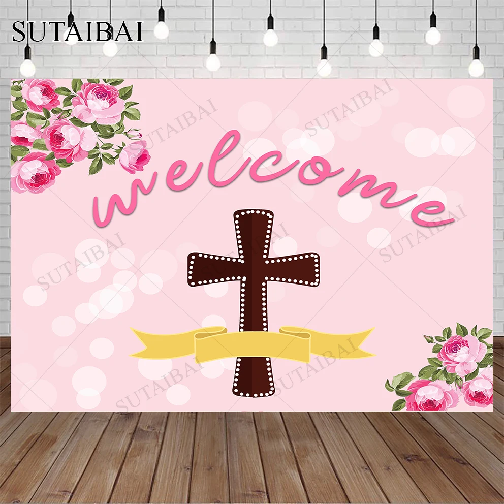 

First Holy Communion Pink Background Pink Flower Cross Gold Satin Welcome Font Photographic Background Fondo Fotografía Infantil