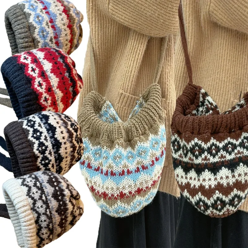 Retro Striped Spliced Knitted Hat Crossbody Bag Ethnic Style Women Autumn Winter Warm Beanies Cap Multifunctional Drawstring Hat