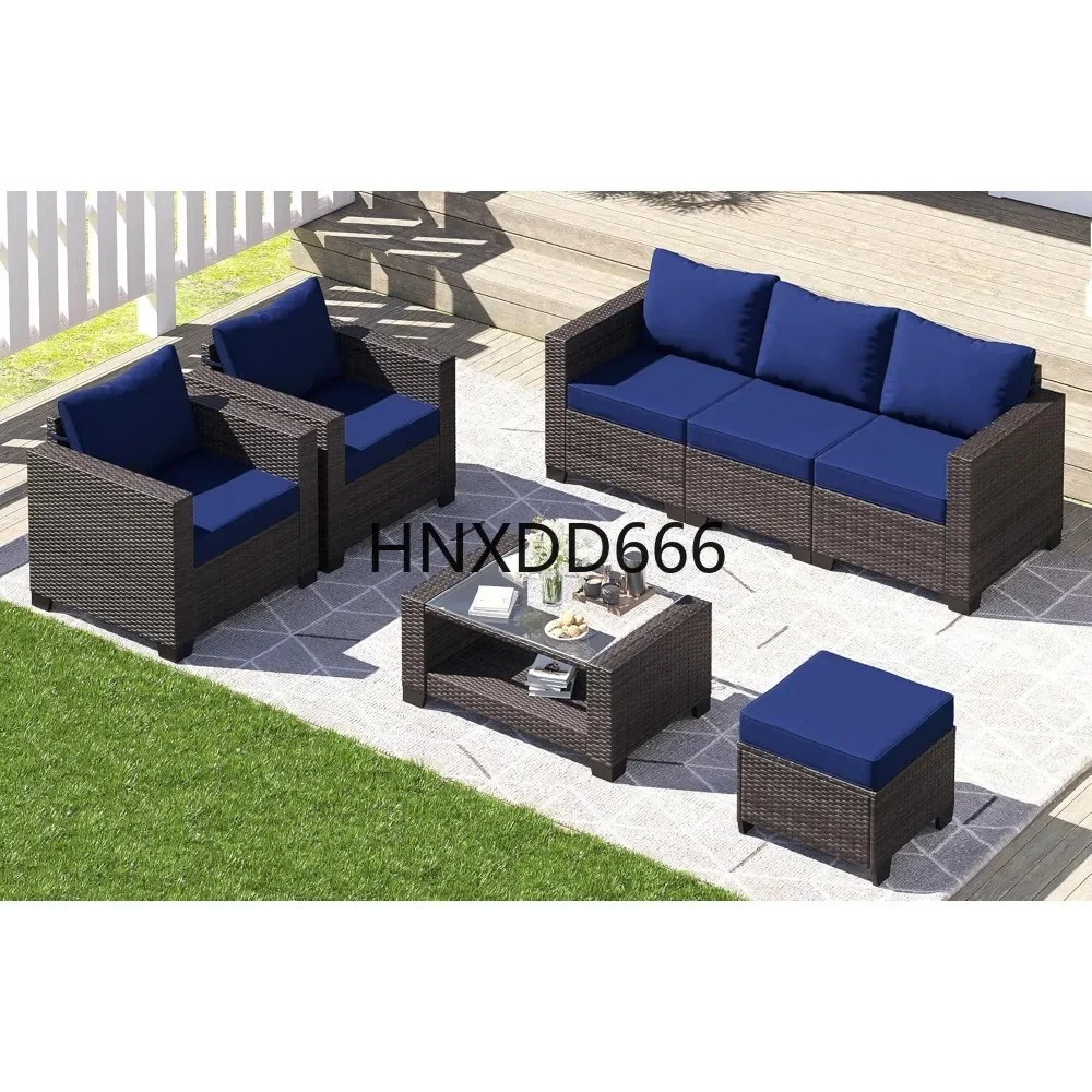 7 Piece, Outdoor Sectional Furniture, Rattan Chairs Glass Table Wicker Conversation Seating, Garden Furniture Sets