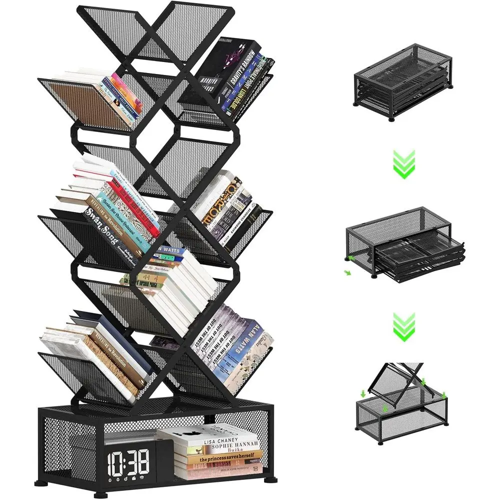 9-Tier Space Saving Book Shelf with Storage, Bedroom Shelves Holding Books, No Installation Required, Metal Bookshelf for Living