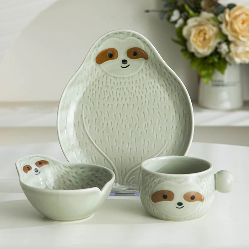 

Керамический набор посуды Cute Sloth для детей, упаковка обеденной тарелки, чаша для овсянки, кружка для воды, чашка для питья 330 мл, сейф для микроволновой печи