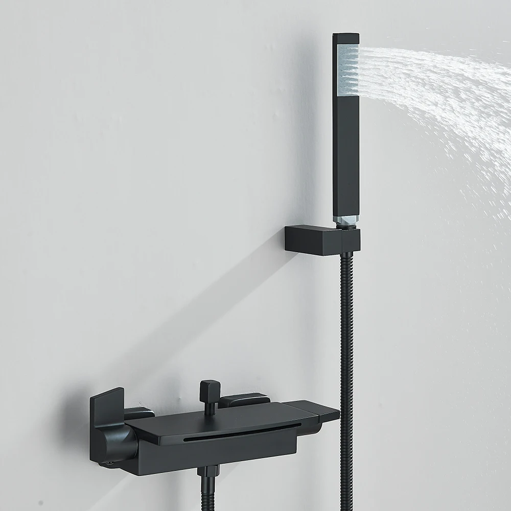 Black Waterfall Bathtub Shower Faucets Wall Mount Shower With Handheld Shower Mixer Tap Faucets Hot Cold Bath Shower Tap