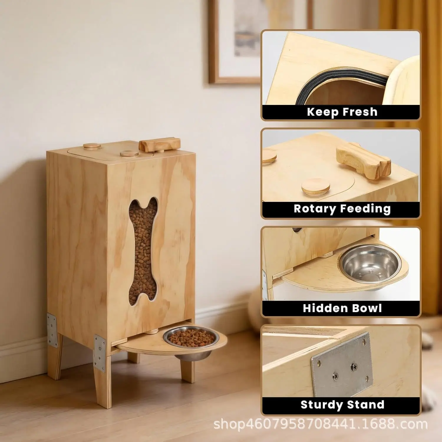 Comedero para perros de madera maciza con hueso y tapa hermética - imagen 3