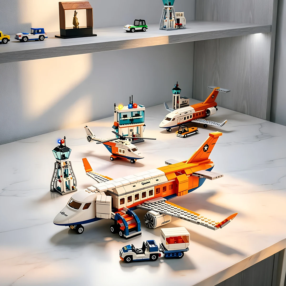 City Airport Aviation Cargo Plane Model Helicopter Airbus Airplane Control Tower 3in1 Home Decor Building Blocks Toy Set Gift
