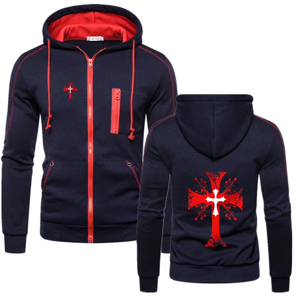 Knights Templar Logo Print Men's Long Sleeve Sweatshirt Hoodies Zipper Design Hooded Coat Sportswear Slim Fit Casual Jacket view 4