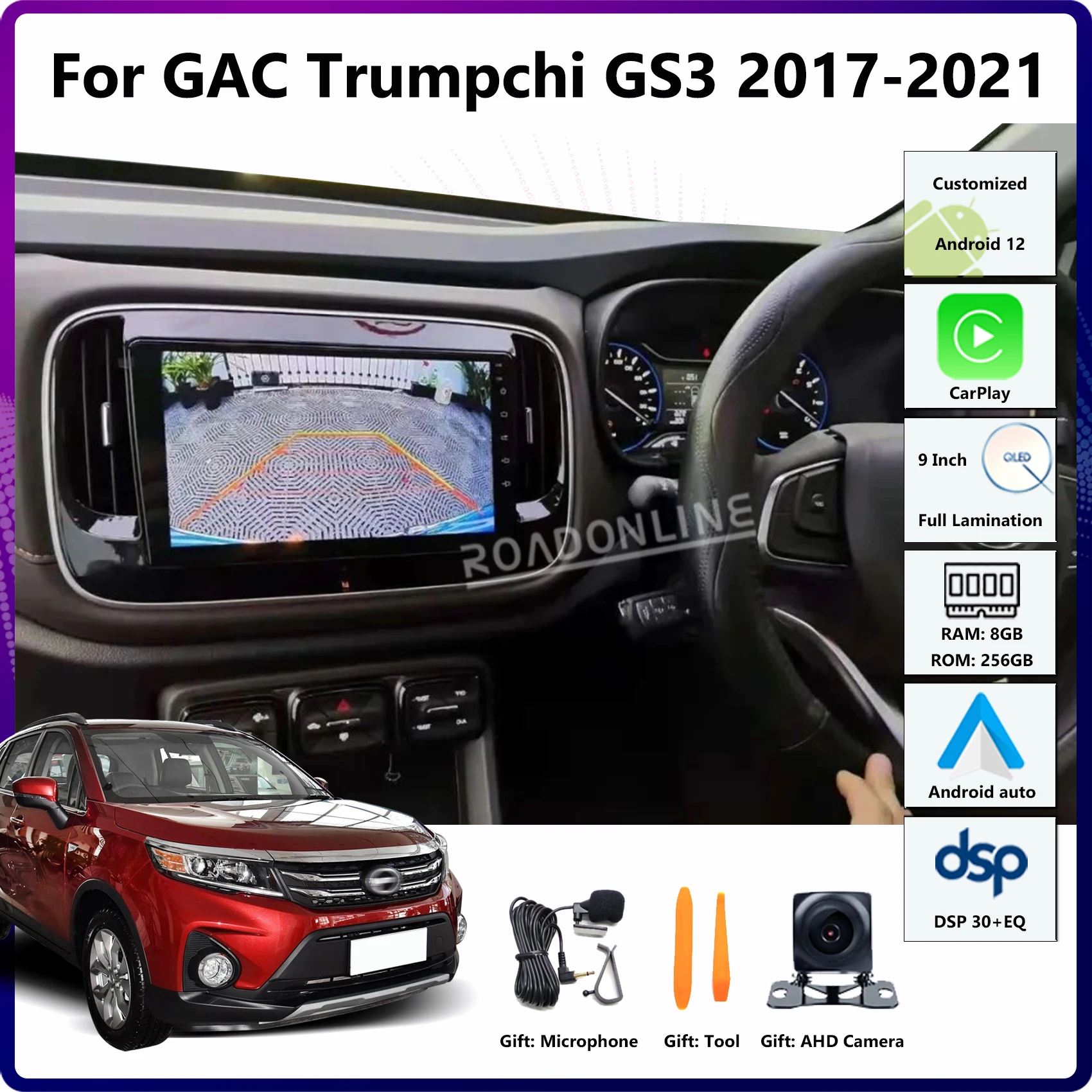 9 Inch For GAC Trumpchi GS3 GE3 2017-2021 Android12 8-Core Car Radio Multimedia Video Player Navigation GPS CarPlay Android Auto