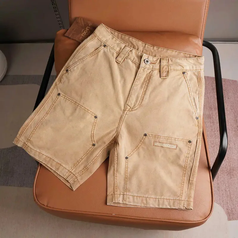 

New American Fashion Trend Summer 2026 Men's Clothing Mustard Yellow Cargo Shorts Casual Straight Loose Knee-Length Denim Street