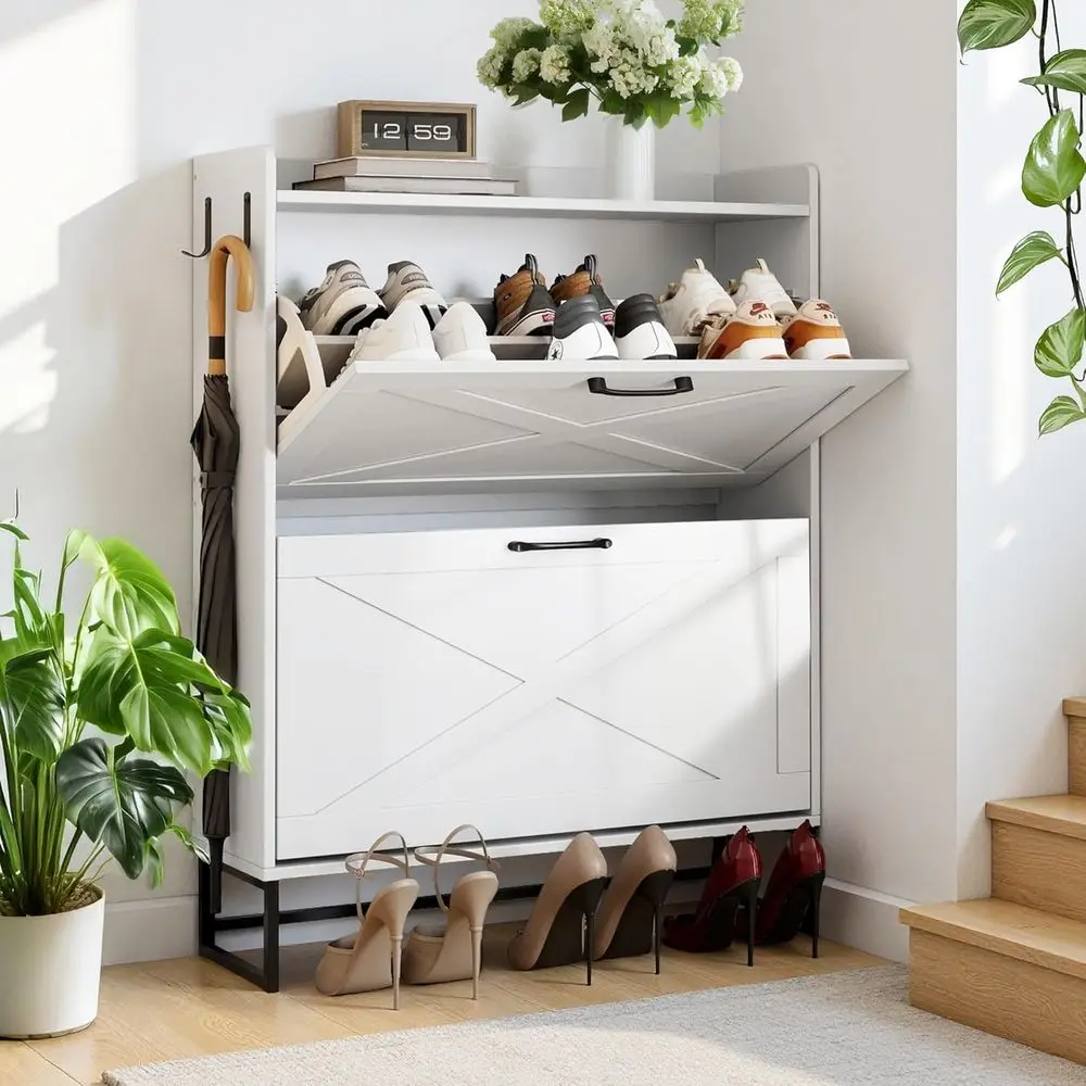 

White Entryway Shoe Storage Cabinet with 2 Rattan Drawers and Adjustable Shelves