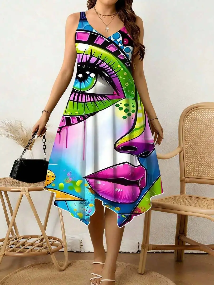 

Women V Neck Irregular Hem Dress With Eye And Lip Art Print Colorful Abstract Pattern Summer Beach Festival Wear