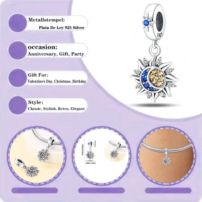 

2025 Charms Original 925 Pure Silver Star Moon Pendant Bead Bracelet Jewelry Gift