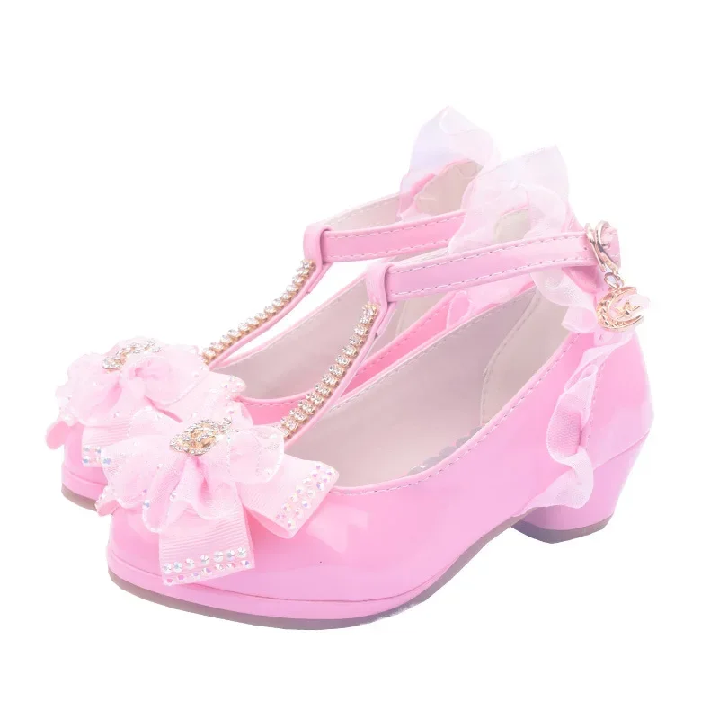 Children Party Leather Shoes Girls PU Low Heel Lace Flower Kids Wedding Shoes Girls Sandals Dance Dress Dance Shoe White Pink