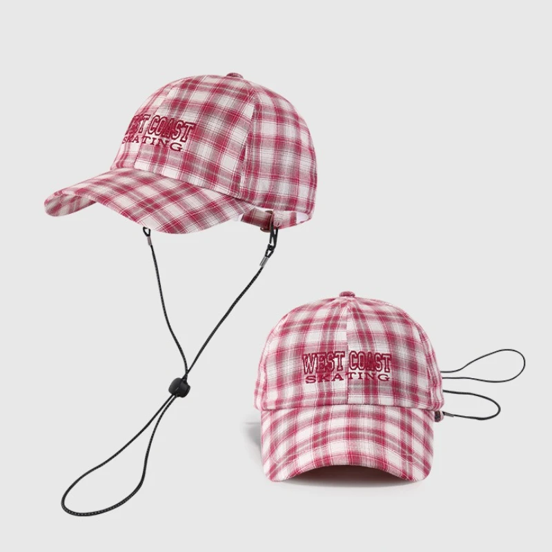 Unisex Cotton Plaid Baseball Cap Letter Embroidery - Adjustable Lightweight Outdoor Hat Built-in Windproof Rope Caps Adventure