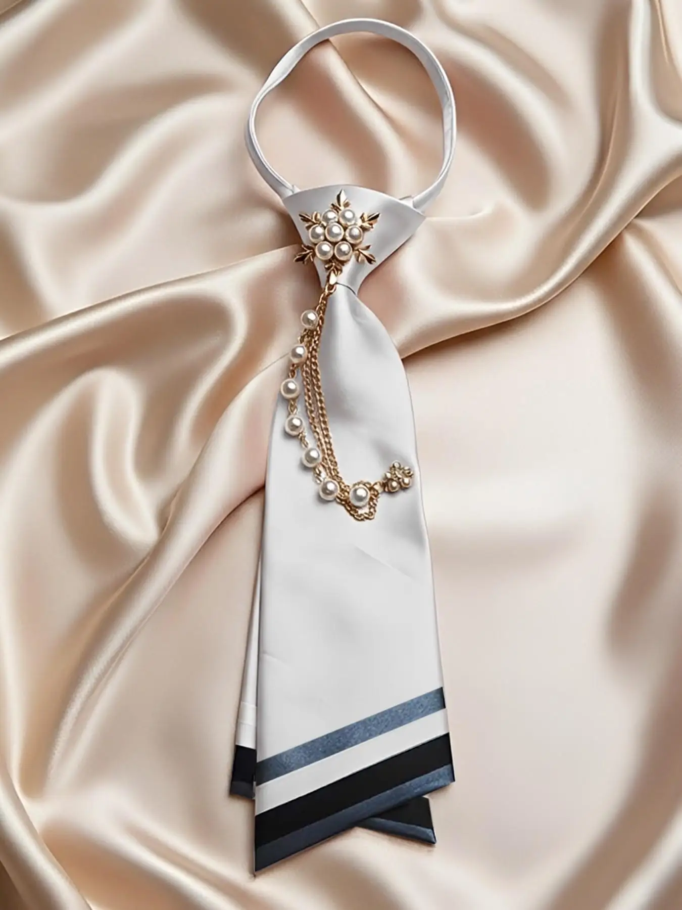 Pre-Tied Imitation Pearl Tie, Metal Necklace Accent, Satin School Tie, Essential for Shirts, Uniforms, Parties, Graduation, Dail