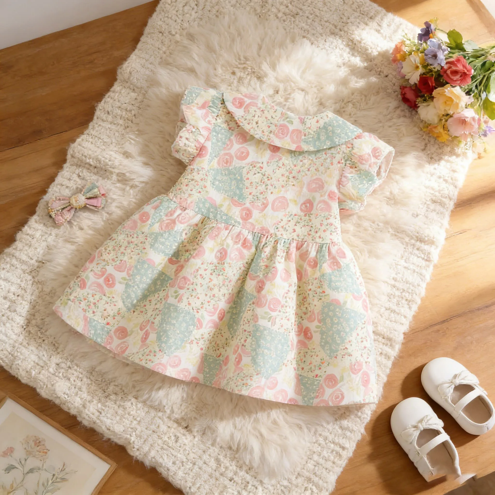 Sweet Baby Girl Summer Shortsleeve Dress Children Pastoral Style Clothes Lovely Toddler Soft Wear 0-4 Years Old Kids‘ Wear