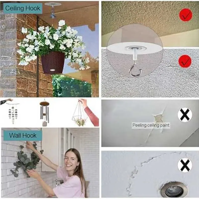 A84X-12Pcs Self Adhesive Ceiling Hooks No Drilling Ceiling Hooks For Hanging Small Plants Wind Chimes