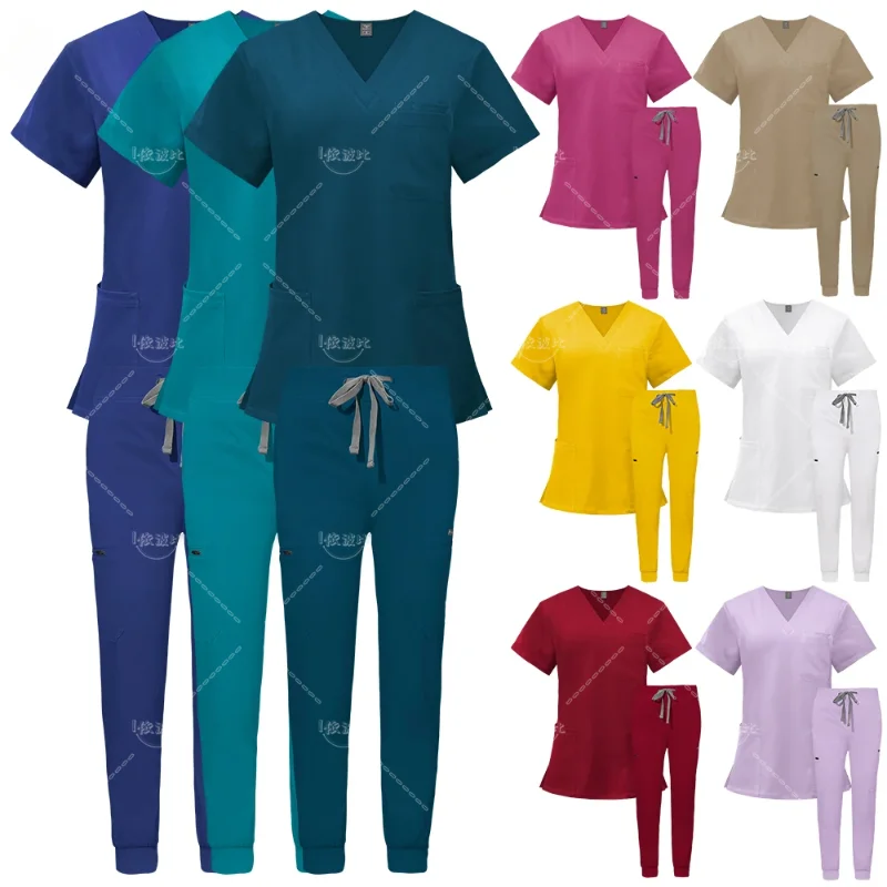 

Multicolour Pet Grooming Doctor Scrubs Uniforms Jogger Suits Short Sleeved V-neck Tops Pocket Pants Nursing Sets Medical Clothes