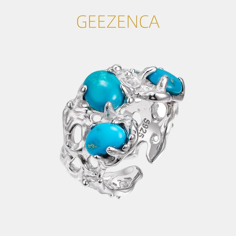 GEEZENCA 925 Sterling Silver Hollow Turquoise Stone Open Ring For Women Chunky Trendy Dainty Unique Statement Rings Party Gift