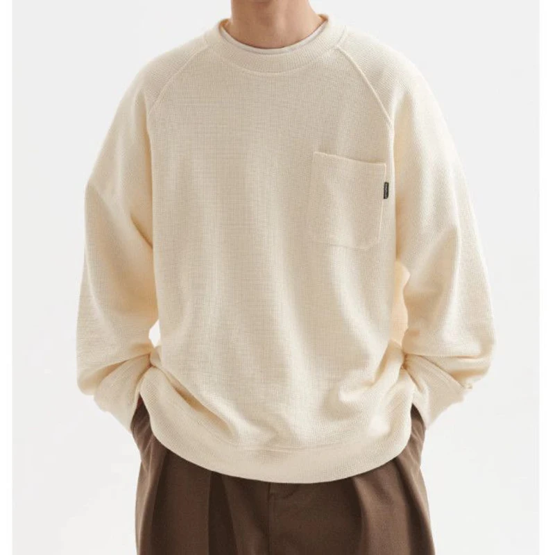 Autumn Winter Waffle Men O Neck Long Sleeves T Shirts Fashion Casual Simple All-match 2xl Oversized Clothing White Black Apricot