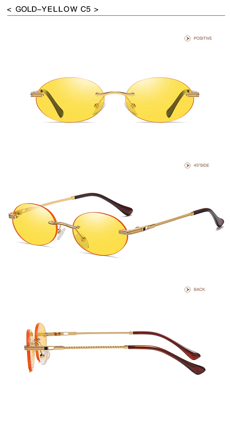 Retro Ovale Sonnenbrille Randlos Herren Blau Verspiegelt Gold Metall Herrenbrille Rund Rahmenlos Damen UV400 – Detail 16