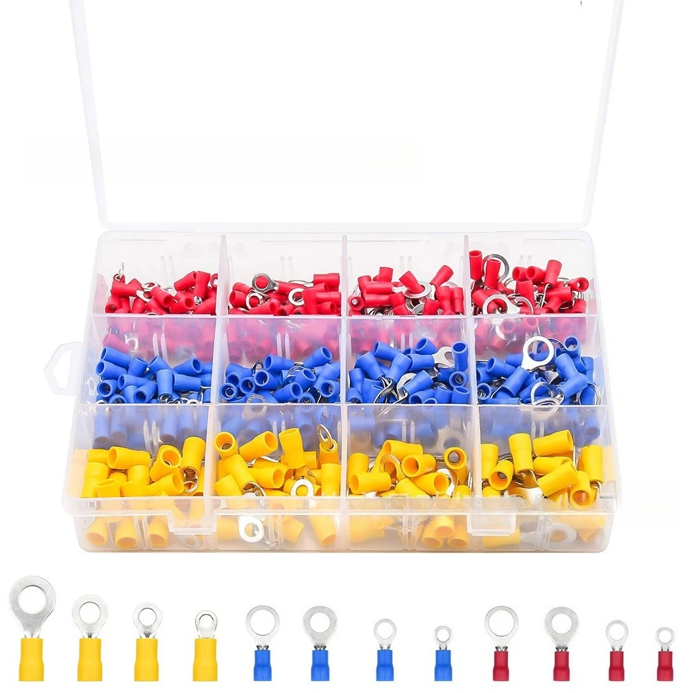 400Pcs Insulated Ring Cold Crimp Wire Terminals Assortment Box Color Coded Electrical Cable Crimp Connectors Kit