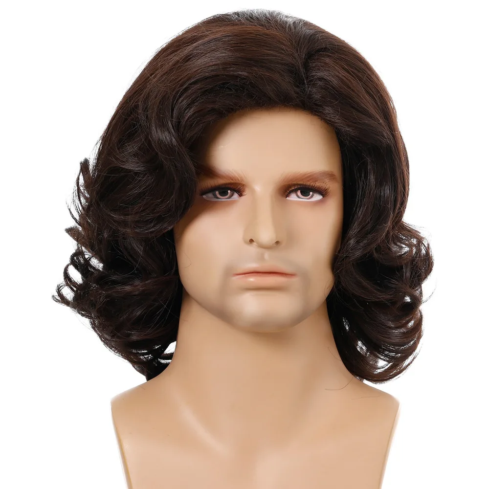 Long Synthetic Curly Wave Wigs Dark Brown Fluffy Wig With Bangs For Men Daily Cosplay Use Heat Resistant Fiber Wigs