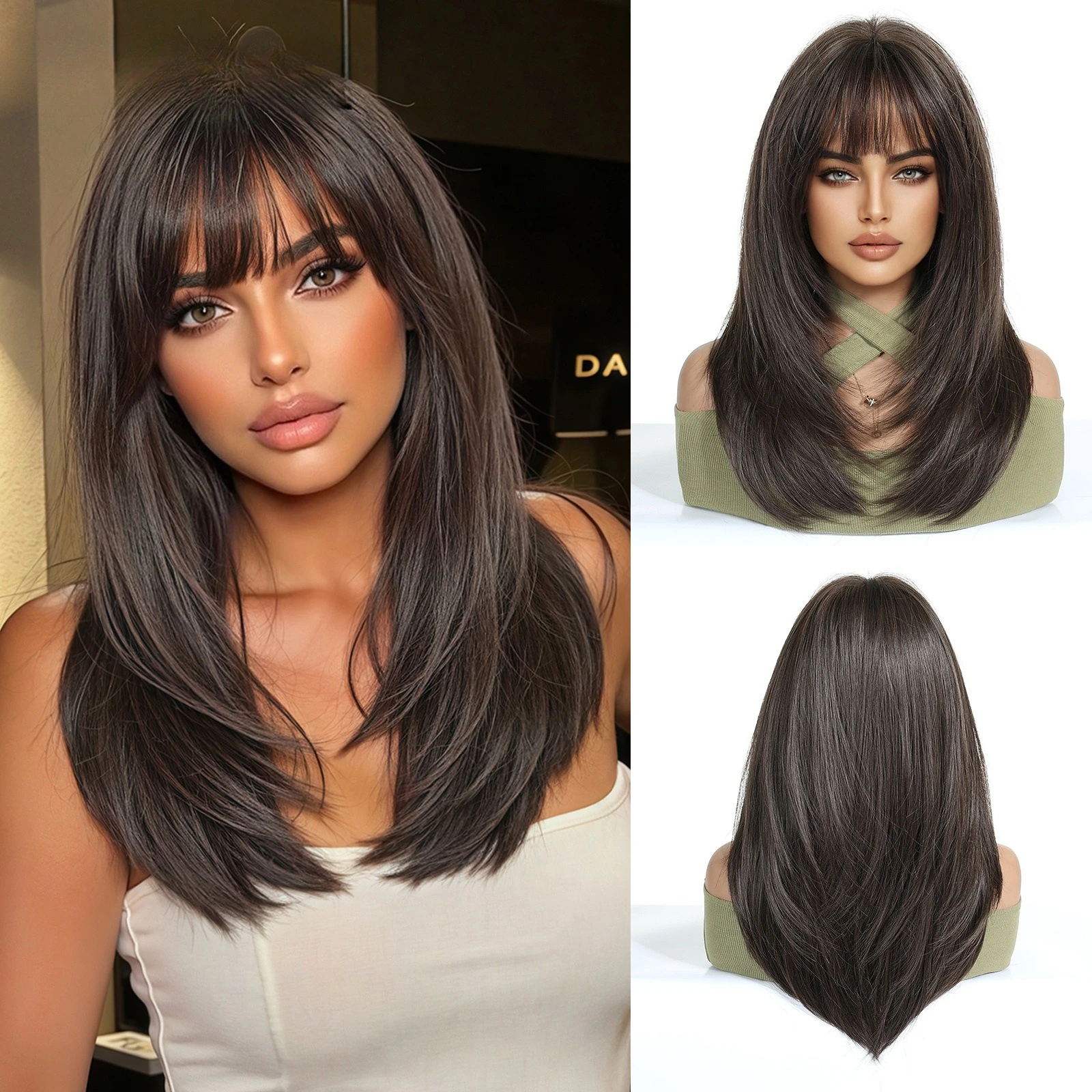 

Hot Selling Qi Bangs Layer Medium Long Straight Hair Highlights Brown Fashion Wig Full Head Hairstyle
